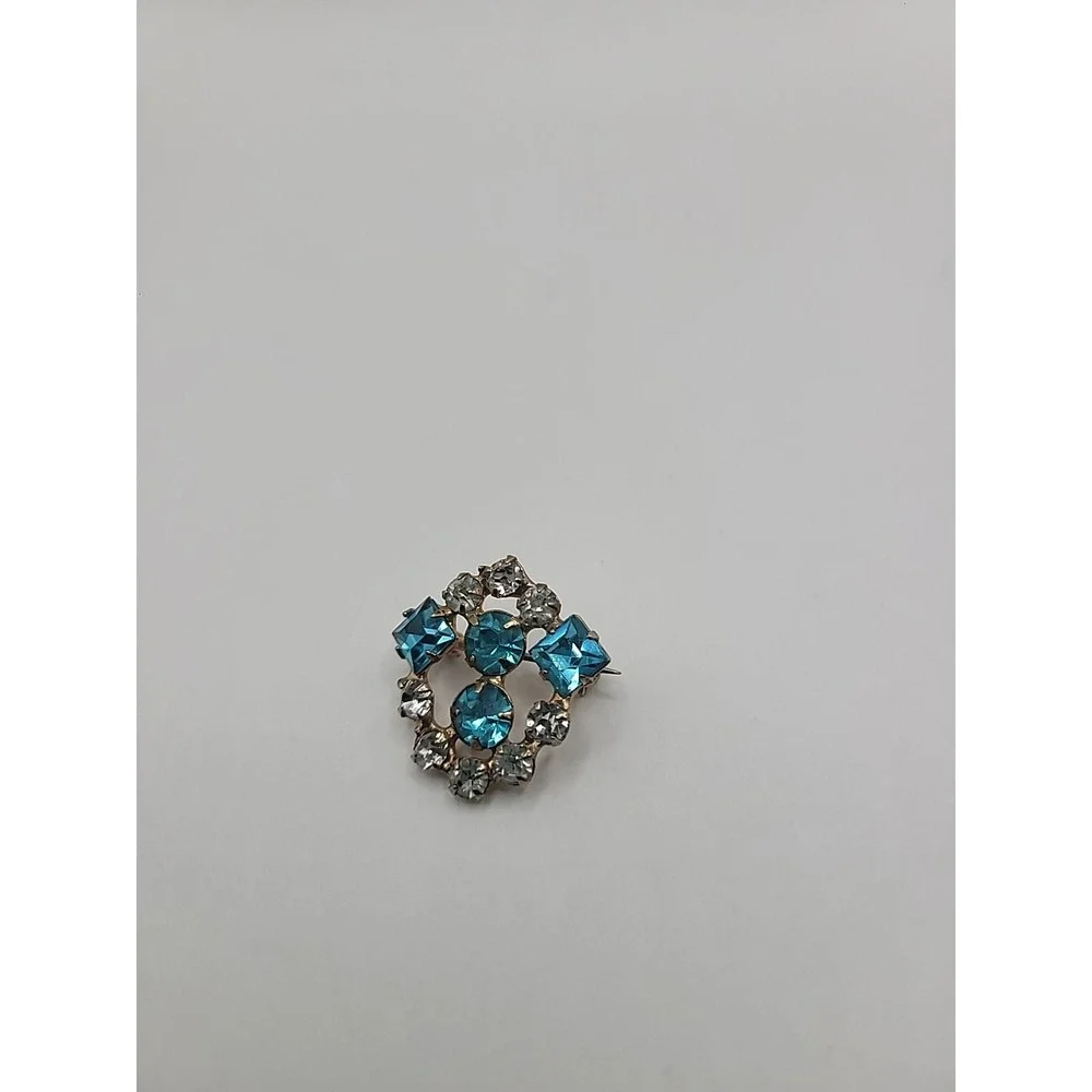 Vintage Aqua Blue Rhinestone Scatter Pin Gold Tone‎ Clear Crystal Brooch